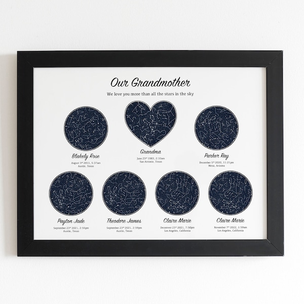 Personalized Christmas Gift For Grandma From Grandchildren, Star Map Family Gift For Grandparent, Custom Night Sky Constellation Print, 3- 7
