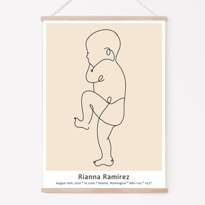PÓSTER DE NACIMIENTO en escala 1: 1 Regalo para nueva madre, Póster personalizado para recién nacidos, Arte de línea de boceto de bebé, Regalo de bautismo de estadísticas de nacimiento personalizadas