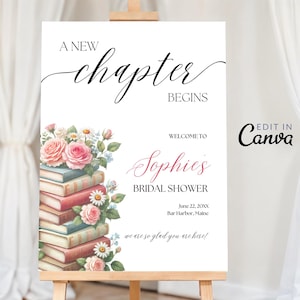 Modello di cartello di benvenuto per addio al nubilato &quot;Un nuovo capitolo inizia&quot;, poster modificabile su Canva a tema libro, decorazioni floreali vintage per baby shower di nozze