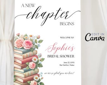 Plantilla de letrero de bienvenida para despedida de soltera "Un nuevo capítulo comienza", póster editable de Canva con temática de libros, decoración floral vintage para baby shower de boda.