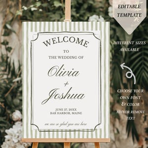 Striped Sage Green Wedding Welcome Sign | Editable Canva Template | Modern Elegant Printable Entrance Sign for Ceremony or Reception Decor