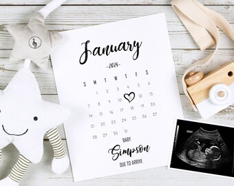 May include: A white calendar with the month of January 2024 printed on it. A heart is drawn around the 17th, with the text "BABY Simpson DUE TO ARRIVE" below the calendar.