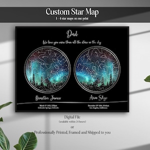 Regalo para PAPÁ, MAPA ESTELAR personalizado con 2, 3 y 4 ubicaciones, regalo personalizado para papá de parte de su hija o hijo, impresión del cielo nocturno, regalo para el día del padre, regalo para mamá