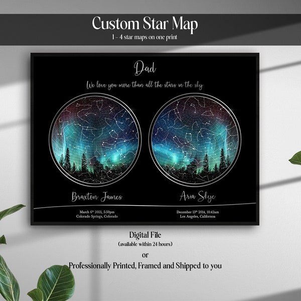 Gift for DAD, Custom 2 3 4 location STAR MAP, Personalized Gift for dad from daughter son, Night sky print, Fathers day gift, Gift for Mom