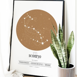Impresión personalizada del zodiaco Escorpio, Impresión del horóscopo, Impresión de astrología, Carta estelar, Arte de constelación personalizada, Arte de pared del signo estelar, Regalo de cumpleaños