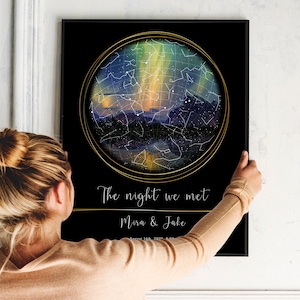 Mapa estelar, Mapa estelar personalizado, Impresión de cielo nocturno, Mapa del cielo personalizado, La noche que conocimos, Compromiso de aniversario Boda Regalo de parejas de San Valentín