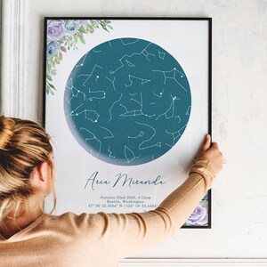 Estadísticas de nacimiento, mapa estelar del bebé. Nuevo regalo para bebés, Estampado floral de guardería, Arte de la habitación de las niñas, Decoración de la pared de la guardería, El cielo nocturno cuando nace, Estrellas personalizadas