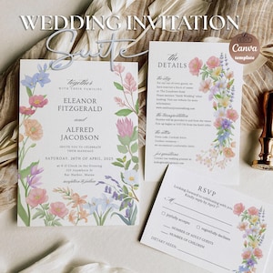 Conjunto de convites de casamento florais editáveis da Canva | Conjunto de 3 modelos de convites para casamento de verão com flores silvestres, convites, RSVP e cartões com detalhes para impressão