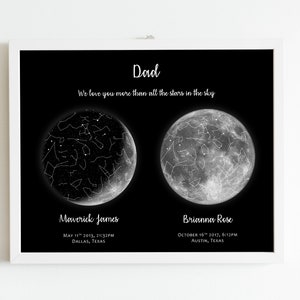 Cadeau fête des pères, carte des étoiles des phases de la lune, 2 3 4 emplacements, cadeau d'anniversaire de parents personnalisé, cadeau d'anniversaire de maman et papa, ciel nocturne de lune personnalisé