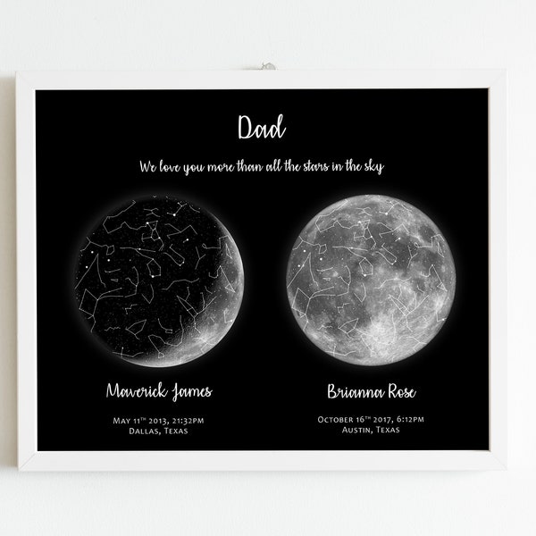 Fathers day gift 2 3 4 locations moon phase star map, Personalized parents anniversary gift, Mom Dad Birthday gift, Custom Moon night sky