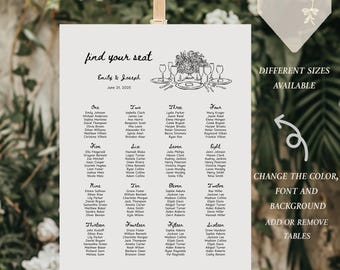 Wedding Seating Chart Canva Template | Whimsical Editable Chart | Hand Drawn Tablescape | DIY Printable Reception Decor, Wedding Signage