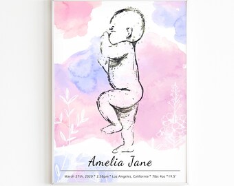 Birth Poster in Scale 1:1, Personalized Baby Poster,Watercolor Baby illustration, Newborn Art Print. Mothers day gift for mom, Nursery art