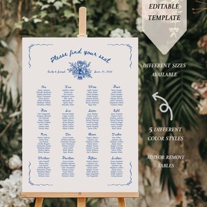 Handgetekende sjabloon bruiloft zitplaatsen grafiek, grillige bloemen bruiloft zitplaatsen grafiek, bewerkbare handgeschreven bruiloft bewegwijzering, DIY zitplaatsen teken