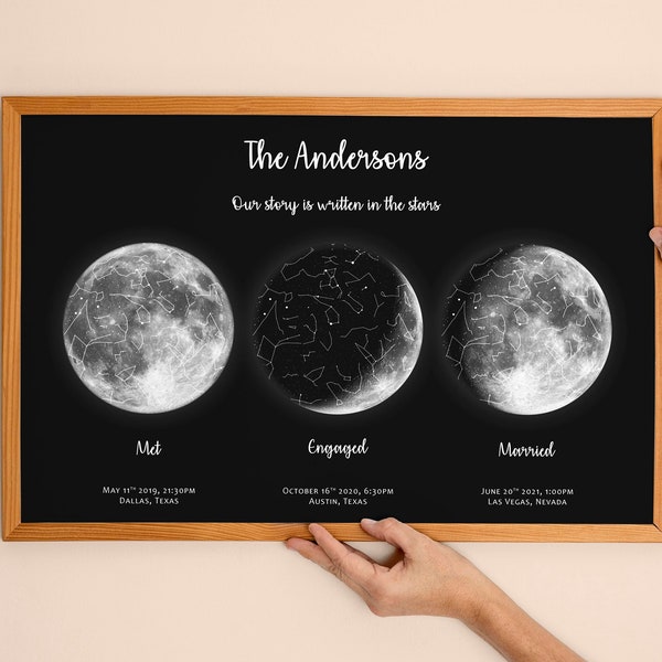 Met Engaged Married 3 location MOON Phase STAR Map, Personalized anniversary gift, Valentines day gift, Custom Moon and Night sky print