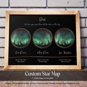 Impression personnalisée du ciel nocturne 2 3 4 emplacements, carte des étoiles personnalisée par date, cadeau fête des pères des enfants, cadeau papa, cadeau de dernière minute pour maman