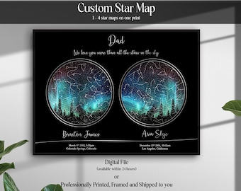 Gift for DAD, Custom 2 3 4 location STAR MAP, Personalized Gift for dad from daughter son, Night sky print, Fathers day gift, Gift for Mom