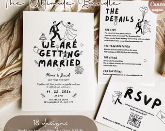 Fun Illustrated Wedding Invitation Template Bundle, 18 Editable Canva Designs, Invitation Suite, RSVP, Save the Date, Menu, Details + MORE