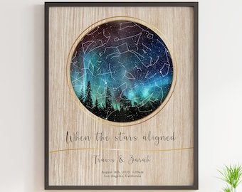 Night sky print, Custom star map, Personalized sky map wood effect, 1st Wedding anniversary gift ideas, Valentines day present husband wife