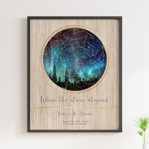 Impresión del cielo nocturno, Mapa estelar personalizado, Efecto de madera del mapa del cielo personalizado, Ideas de regalo del 1er aniversario de bodas, Esposo actual del día de San Valentín