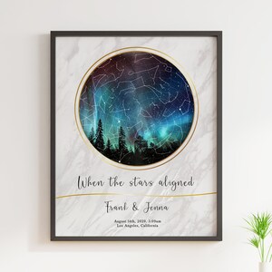 Mapa estelar, Mapa del cielo personalizado, La noche en que conocimos el mapa estelar, Regalo de aniversario de bodas para el esposo de la esposa, Impresión personalizada del cielo nocturno, Regalo de pareja de recién casados
