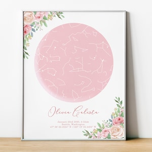 Personalisierte Baby STERN KARTE, als du geboren wurdest, Sternenkarte, neues Baby Geschenk für Mama, Blumen Kinderzimmer Druck, benutzerdefinierte Nachthimmel Druck, Geburtsdaten
