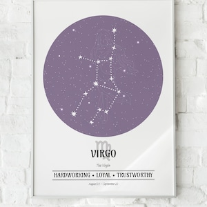 Regalo VIRGO Impresión personalizada del zodiaco, Impresión astrológica, Carta estelar, Arte de constelaciones personalizadas, Arte del signo estelar, Regalo de cumpleaños, Regalo de Navidad
