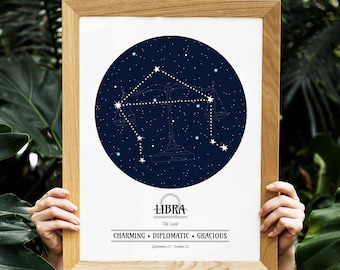 May include: A framed print featuring the Libra constellation against a dark blue starry background. The print includes the word "Libra" and the traits "Charming, Diplomatic, Gracious." The frame is made of light-colored wood.