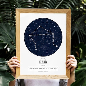 Regalo LIBRA Impresión personalizada del zodiaco, Impresión astrológica, Carta estelar, Arte de constelación personalizada, Arte del signo estelar, Regalo de cumpleaños, Regalo de Navidad
