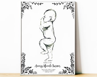 THE BIRTH POSTER In Scale 1:1, Baby Sketch, Custom Made Newborn Poster, Baby's Birth Wall Art, Personalized Baby Poster, Baby Line Art