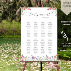 Wildflower Wedding Seating Chart Template, Garden Wedding Seating Plan, Editable Canva Template, Rustic Floral Sign, Instant Download