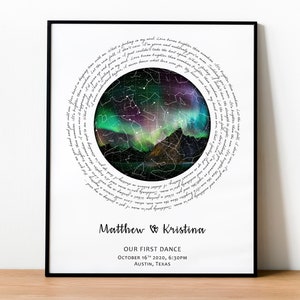 STAR MAP personalizado con LETRAS DE LA PRIMERA CANCIÓN DE BAILE, Impresión personalizada del cielo nocturno, Idea de regalo de boda del 1er aniversario para la Navidad del esposo y la esposa