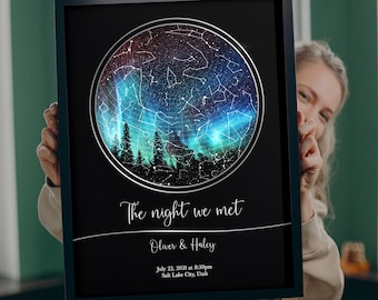 Regalo de aniversario con mapa estelar, cielo nocturno por fecha, impresión de cielo nocturno, mapa estelar enmarcado, mapa estelar personalizado, impresión de cielo nocturno personalizada, noche en que conocimos estrellas