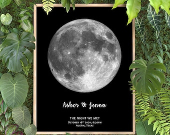 May include: A black and white photo of the moon with the text "Asher & Jenna" and "THE NIGHT WE MET" with the date and time "OCTOBER 16th 2020, 6:30PM" and the location "AUSTIN, TEXAS".
