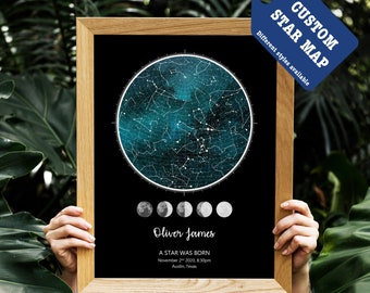 May include: A framed star map print with a teal and black color scheme. The map shows the constellations visible on November 2, 2020 at 8:30pm in Austin, Texas. The text "Oliver James, A Star Was Born" is printed below the map.