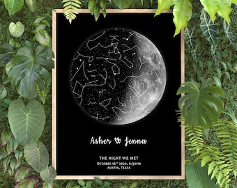 Star map and Moon Phase print, Custom star map, Personalized moon phase by date, Wedding Anniversary birthday gift for her, The night we met