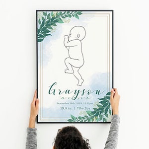 Póster de nacimiento en escala 1: 1, Póster personalizado para bebés, Impresión personalizada para bebés recién nacidos, Regalo de recuerdo de niños nuevos para padres nuevos, Decoración de arte de pared de guardería