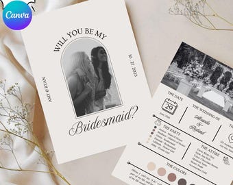 May include: Two invitation cards with a beige background. One card says "Will you be my Bridesmaid?" with a photo. The other card has wedding details, including the date, names, and attire. The text "Easily Edit in Canva" is in the top left corner.