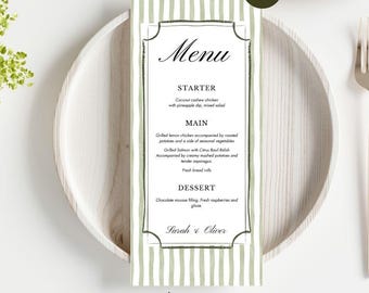 Groen gestreept menusjabloon | Klassiek elegant trouwmenu | Afdrukbare canvassjabloon voor bruiloft, vrijgezellenfeest of receptie, doe-het-zelfbruiloft
