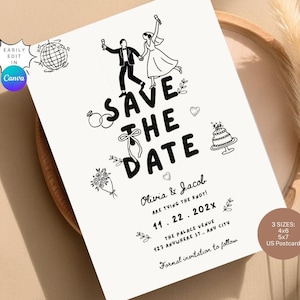 以下が含まれることがあります： 黒い線画イラストが描かれた白い結婚式の招待状。「Save the Date」の文字が大きく表示され、Olivia & Jacobの名前と日付も記載されています。Canvaのロゴとサイズオプションが含まれています。
