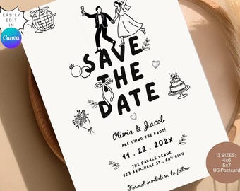Leuke geïllustreerde Save The Date-sjabloon, handgetekende zwart-wit huwelijksuitnodiging, bewerkbare afdrukbare canvas Save the Date-uitnodiging