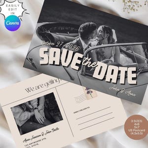 Vintage Postkarte Save the Date Vorlage | Bearbeitbare Retro Hochzeitsankündigungskarte | Druckbare Canva Vorlage, Postkarte Foto Save the Date