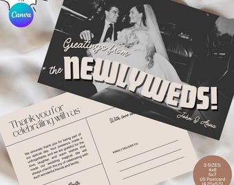 Editable Wedding Photo Thank You Card, Retro Newlywed Postcard, Vintage Thank you card template, Printable Canva, 4x6, 5x7 & US Postcard