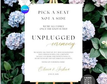 Unplugged Ceremony Canva Template, Elegant Modern Wedding Sign, Editable Pick a Seat Not a Side Poster, Minimal Wedding Decor, Open seating