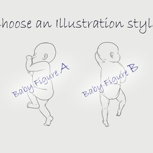 May include: Two line drawings of a baby in different poses. The baby on the left is curled up with its arms around its body. The baby on the right is standing with its arms raised above its head. Both babies are labeled with the text "Baby Figure" and a letter A or B.