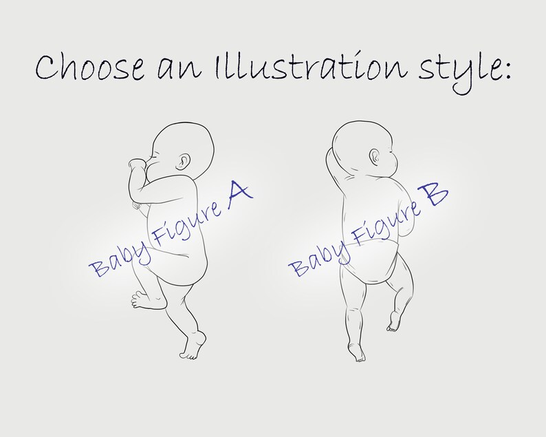 May include: Two line drawings of a baby in different poses. The baby on the left is curled up with its arms around its body. The baby on the right is standing with its arms raised above its head. Both babies are labeled with the text "Baby Figure" and a letter A or B.
