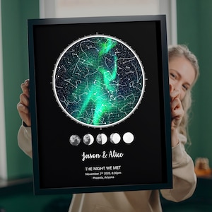 A girl holding a custom star map for a couple, using the date, time and location on when they first met, which makes itt he perfect anniversary gift, engagement gift, wedding gift, birthday gift or Christmas gift. The color showcased: Northern lights
personalized star map 18th birthday gift
custom star map the night you were born 21st birthday gift
custom constellation print 30th birthday present
unique 40th birthday night sky map
personalized 50th birthday keepsake print
16th birthday gift idea