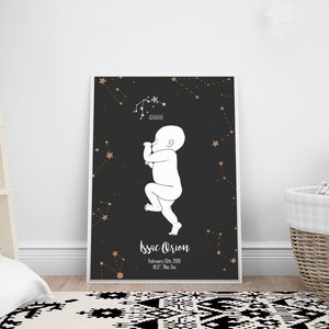 May include: Black and gold printable poster with a white outline of a baby in a fetal position. The poster features the constellation Aquarius and the text "Issac Orion, February 13th, 2019, 8:57, 7 lbs 2 oz."