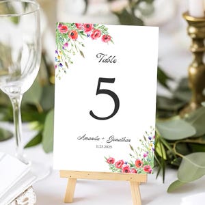 Modèle de numéros de table de mariage fleurs sauvages, cartes de table florales imprimables, panneaux de table bohème rustique, téléchargement immédiat, mariage botanique de jardin