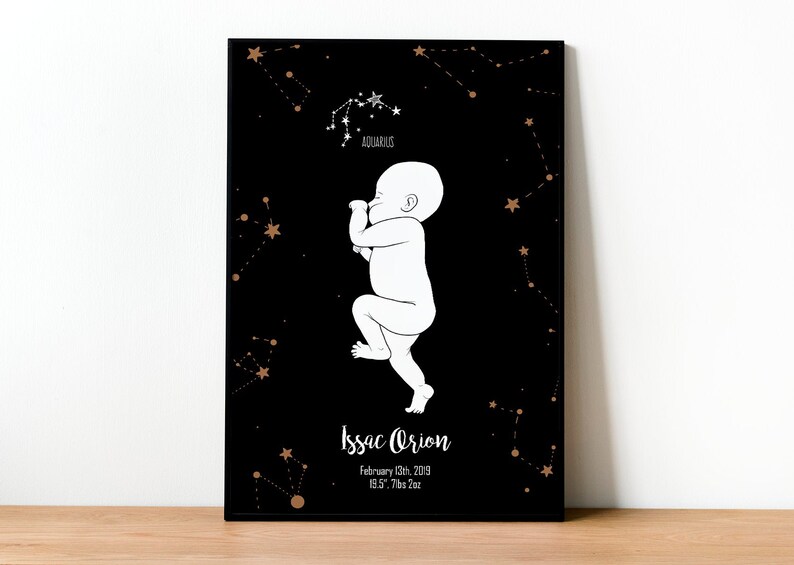 May include: Black and white illustration of a baby with the constellation Aquarius in the background. The text reads "Issac Orion, February 12th, 2019, 19.5" 7lbs 2oz".