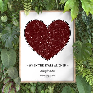 Carte des étoiles du coeur par date, cadeau d'anniversaire de notre rencontre, idée cadeau pour couples de jeunes mariés, cadeau personnalisé pour la Saint-Valentin, cadeau pour elle, cadeau pour femme
